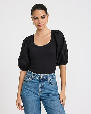 Express Women's Stretch Cotton Ribbed Scoop Neck Puff Sleeve Bodysuit in Black Small