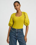 Express Women's Stretch Cotton Ribbed Scoop Neck Puff Sleeve Bodysuit in Green Small