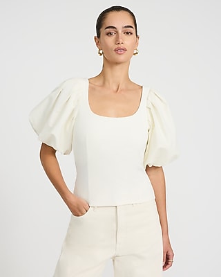 Express Women's Studio Stretch Crepe Scoop Neck Puff Sleeve Top in White Small