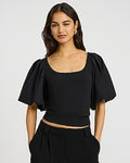 Express Women's Studio Stretch Crepe Scoop Neck Puff Sleeve Top in Black Small