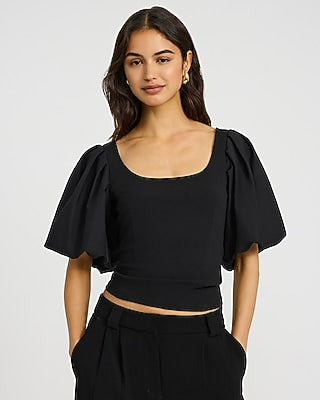 Express Women's Studio Stretch Crepe Scoop Neck Puff Sleeve Top in Black Small