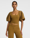 Express Women's Studio Stretch Crepe Scoop Neck Puff Sleeve Top in Brown Small