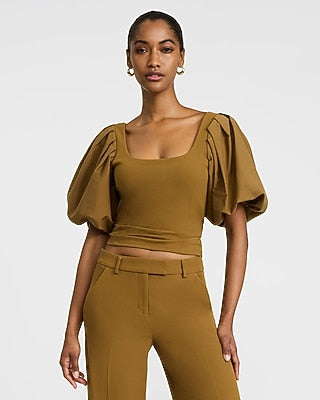 Express Women's Studio Stretch Crepe Scoop Neck Puff Sleeve Top in Tobacco