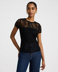 Express Women's Sheer Lace Crew Neck Short Sleeve T-Shirt in Pitch Black