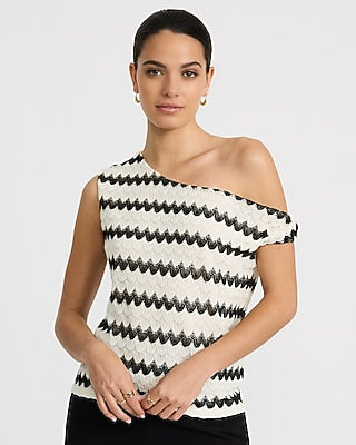 Express Women's Crochet Striped Twist Strap One Shoulder Top in B&w Print
