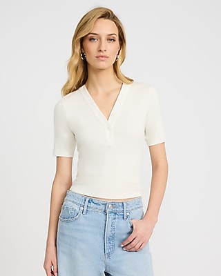 Express Women's Fitted Ribbed V-Neck Elbow Sleeve Henley T-Shirt in White Small