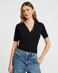 Express Women's Fitted Ribbed V-Neck Elbow Sleeve Henley T-Shirt in Black Small
