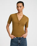 Express Women's Fitted Ribbed V-Neck Elbow Sleeve Henley T-Shirt in Brown Small
