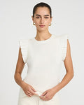 Express Women's Mixed Media Crew Neck Flutter Sleeve T-Shirt in White Small