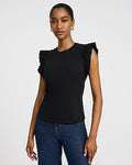 Express Women's Mixed Media Crew Neck Flutter Sleeve T-Shirt in Black Small