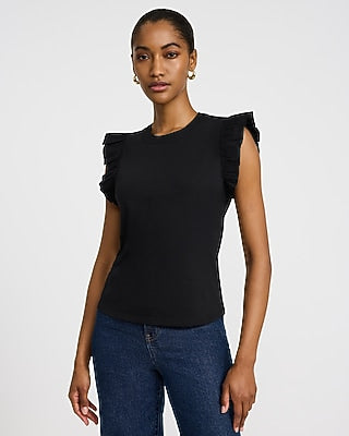 Express Women's Mixed Media Crew Neck Flutter Sleeve T-Shirt in Pitch Black