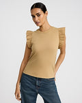 Express Women's Mixed Media Crew Neck Flutter Sleeve T-Shirt in Brown Small