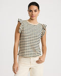 Express Women's Cotton Jacquard Striped Crew Neck Flutter Sleeve T-Shirt Small
