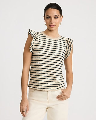 Express Women's Cotton Jacquard Striped Crew Neck Flutter Sleeve T-Shirt Small