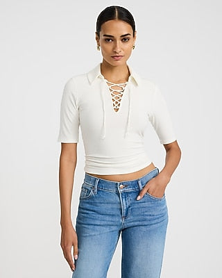 Express Women's Fitted Ribbed Lace Up Elbow Sleeve Polo in White Small