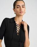 Express Women's Fitted Ribbed Lace Up Elbow Sleeve Polo in Black Small