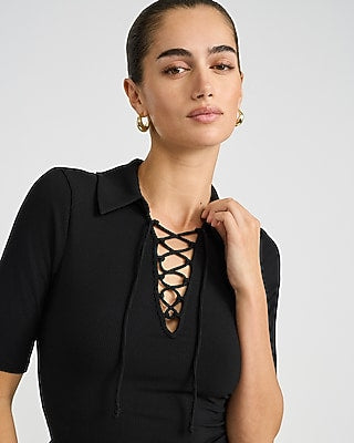 Express Women's Fitted Ribbed Lace Up Elbow Sleeve Polo in Black Small