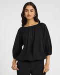 Express Women's Cotton Crew Neck Elbow Sleeve Bubble Top in Pitch Black