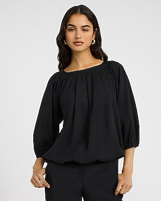 Express Women's Cotton Crew Neck Elbow Sleeve Bubble Top in Pitch Black