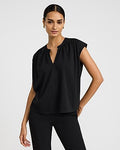Express Women's Crew Neck Cap Sleeve Novelty Button Keyhole Top in Pitch Black