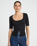 Express Women's Ribbed Scoop Neck Elbow Sleeve Button Front T-Shirt in Black Small