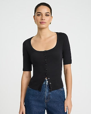 Express Women's Ribbed Scoop Neck Elbow Sleeve Button Front T-Shirt in Black Small