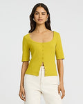 Express Women's Ribbed Scoop Neck Elbow Sleeve Button Front T-Shirt in Chartreuse