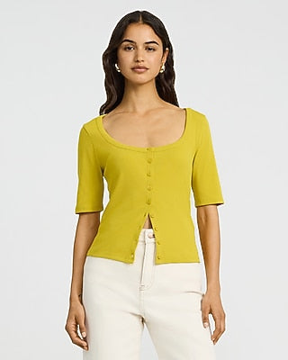Express Women's Ribbed Scoop Neck Elbow Sleeve Button Front T-Shirt in Green Small