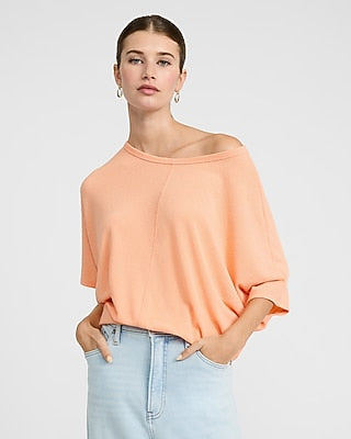 Express Women's Crepe Off The Shoulder Short Sleeve Sweater in Brightest Marigold