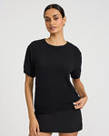 Express Women's Relaxed Crepe Crew Neck Puff Sleeve Sweater in Black Small