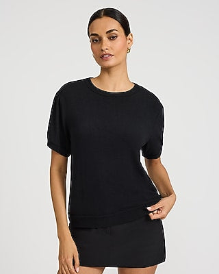 Express Women's Relaxed Crepe Crew Neck Puff Sleeve Sweater in Pitch Black