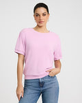 Express Women's Relaxed Crepe Crew Neck Puff Sleeve Sweater in Pink Small