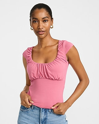 Express Women's Scoop Neck Cap Sleeve Ruched Front Top in Pink Small
