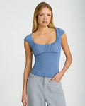 Express Women's Scoop Neck Cap Sleeve Ruched Front Top in Blue Small