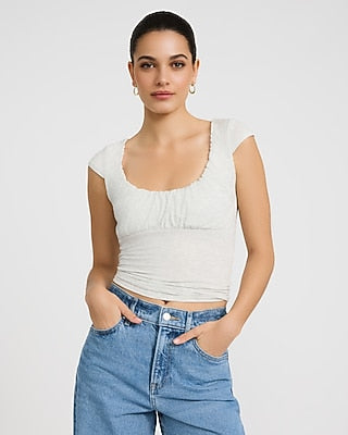 Express Women's Scoop Neck Cap Sleeve Ruched Front Top in Gray Small