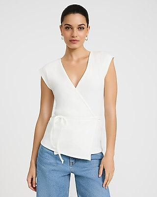 Express Women's Ribbed V-Neck Tie Waist Wrap T-Shirt in White Small