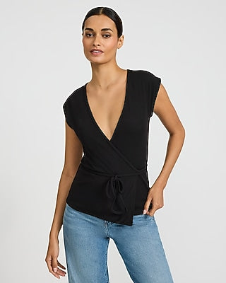 Express Women's Ribbed V-Neck Tie Waist Wrap T-Shirt in Black Small