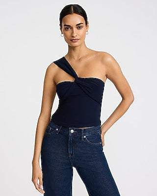 Express Women's One Shoulder Twist Crop Top in Navy Blue