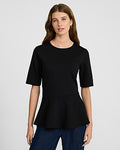 Express Women's Ponte Crew Neck Elbow Sleeve Peplum Top in Pitch Black