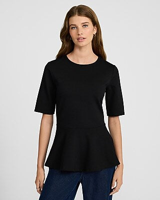 Express Women's Ponte Crew Neck Elbow Sleeve Peplum Top in Pitch Black