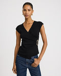 Express Women's V-Neck Short Sleeve Gold Hardware Surplice Top in Jet Black