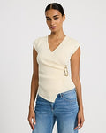 Express Women's V-Neck Short Sleeve Gold Hardware Surplice Top in Neutral Small