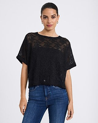 Express Women's Sheer Lace Crew Neck Short Sleeve Oversized T-Shirt in Black Small