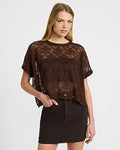 Express Women's Sheer Lace Crew Neck Short Sleeve Oversized T-Shirt in Brown Small