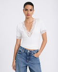Express Women's Ribbed Lace Trim V-Neck Elbow Sleeve T-Shirt in White Small