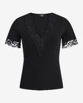 Express Women's Ribbed Lace Trim V-Neck Elbow Sleeve T-Shirt in Black Small