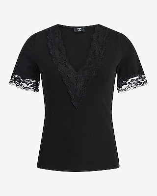 Express Women's Ribbed Lace Trim V-Neck Elbow Sleeve T-Shirt in Black Small