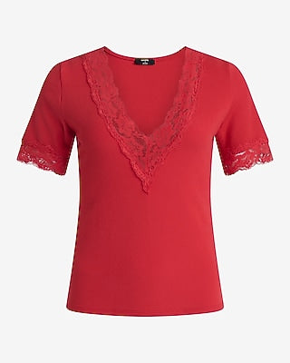 Express Women's Ribbed Lace Trim V-Neck Elbow Sleeve T-Shirt in Red Small