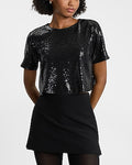 Express Women's Sequin Crew Neck Crop Boyfriend Top in Pitch Black