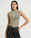 Express Women's Mesh Leopard Mock Neck Tank Top in Brown Plaid